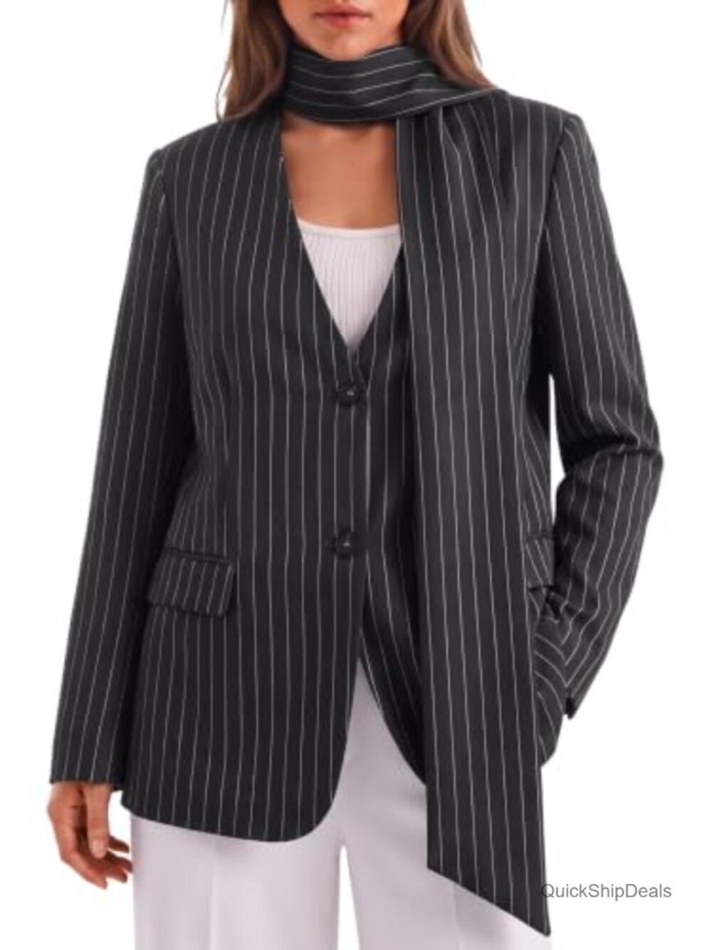 Plaid Casual Blazer V Neck Button Down Suit Jacket with Scarf